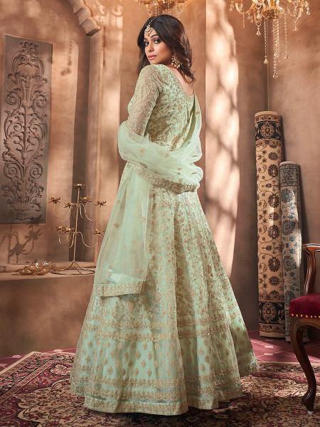 Myra Beautiful Pastel Green Butterfly Net Embroidered Anarkali Suit | Swadesiicart