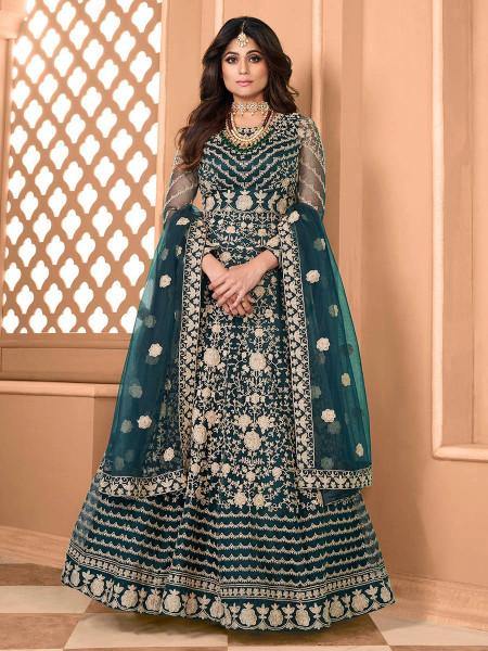 Myra Rama Green Butterfly Net Embroidered Anarkali Suit | Swadesiicart