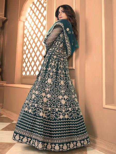 Myra Rama Green Butterfly Net Embroidered Anarkali Suit | Swadesiicart
