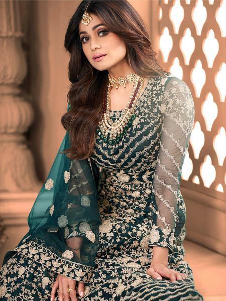 Myra Rama Green Butterfly Net Embroidered Anarkali Suit | Swadesiicart