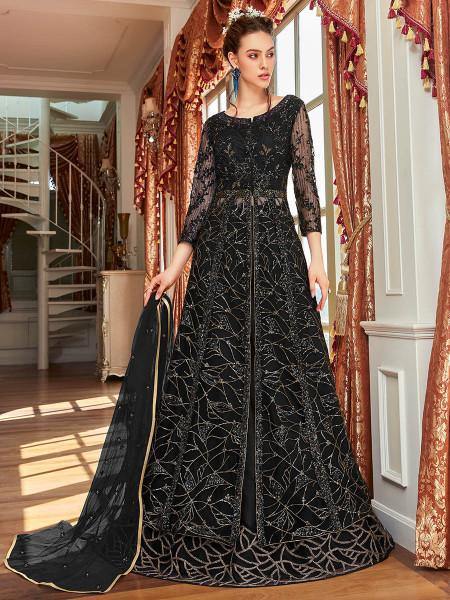 Myra Black Net Embroidered Gown | Swadesiicart