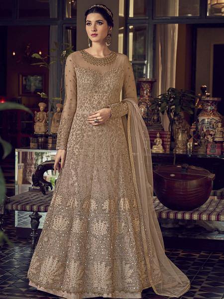 Myra Golden Cream Embroidered Butterfly Net Anarkali Suit | Swadesiicart