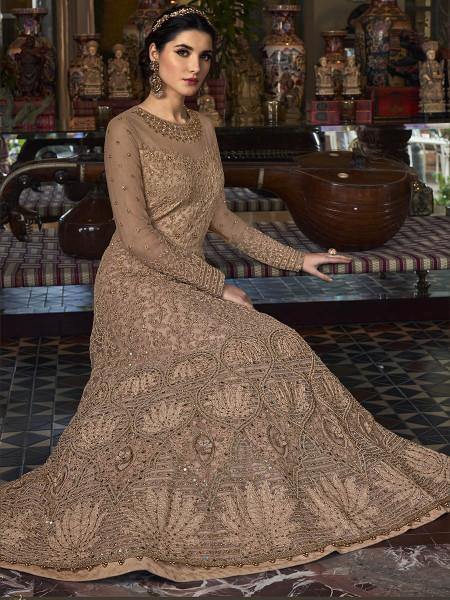 Myra Golden Cream Embroidered Butterfly Net Anarkali Suit | Swadesiicart