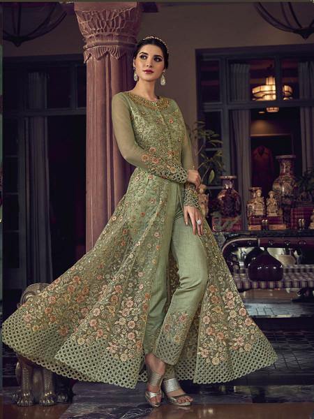 Myra Fashion Pista Embroidered Butterfly Net Anarkali Suit | Swadesiicart