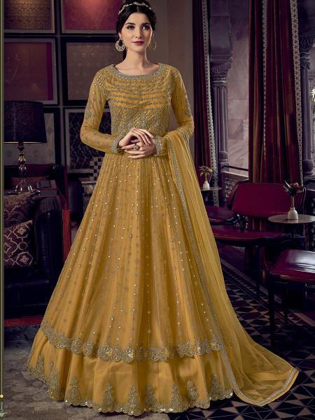 Myra Mustard Yellow Embroidered Butterfly Net Anarkali Suit | Swadesiicart