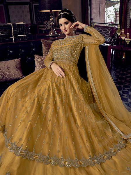 Myra Mustard Yellow Embroidered Butterfly Net Anarkali Suit | Swadesiicart