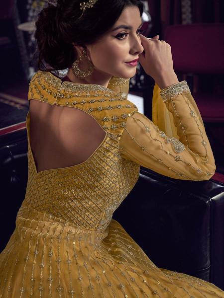 Myra Mustard Yellow Embroidered Butterfly Net Anarkali Suit | Swadesiicart