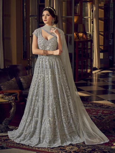 Myra Dusty Grey Embroidered Butterfly Net Anarkali Suit | Swadesiicart
