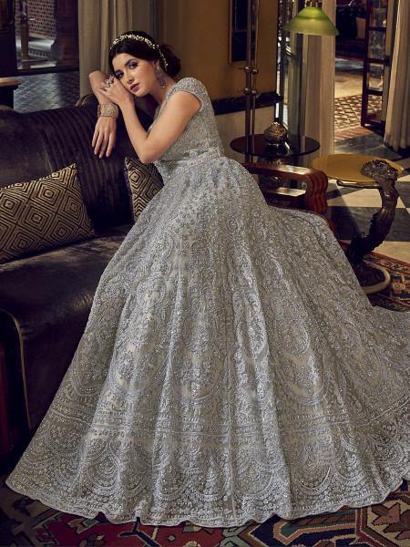 Myra Dusty Grey Embroidered Butterfly Net Anarkali Suit | Swadesiicart