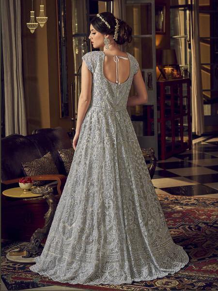 Myra Dusty Grey Embroidered Butterfly Net Anarkali Suit | Swadesiicart