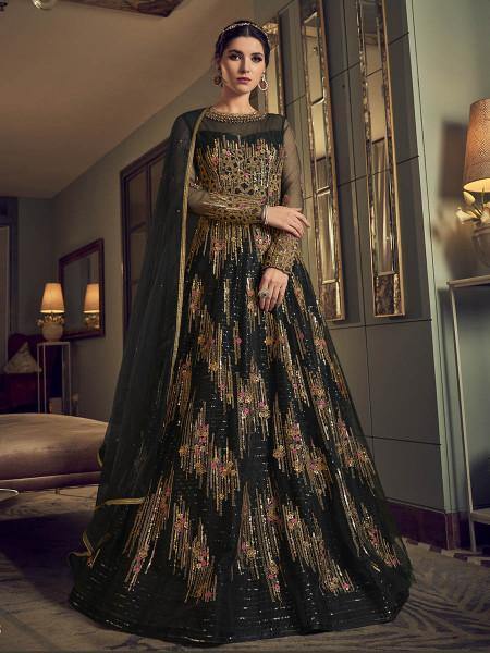 Myra Deep Green Embroidered butterfly net Anarkali Suit | Swadesiicart