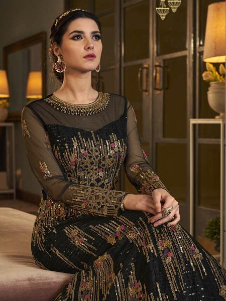 Myra Deep Green Embroidered butterfly net Anarkali Suit | Swadesiicart