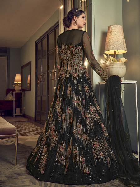 Myra Deep Green Embroidered butterfly net Anarkali Suit | Swadesiicart