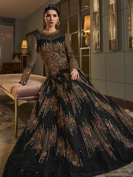 Myra Deep Green Embroidered butterfly net Anarkali Suit | Swadesiicart