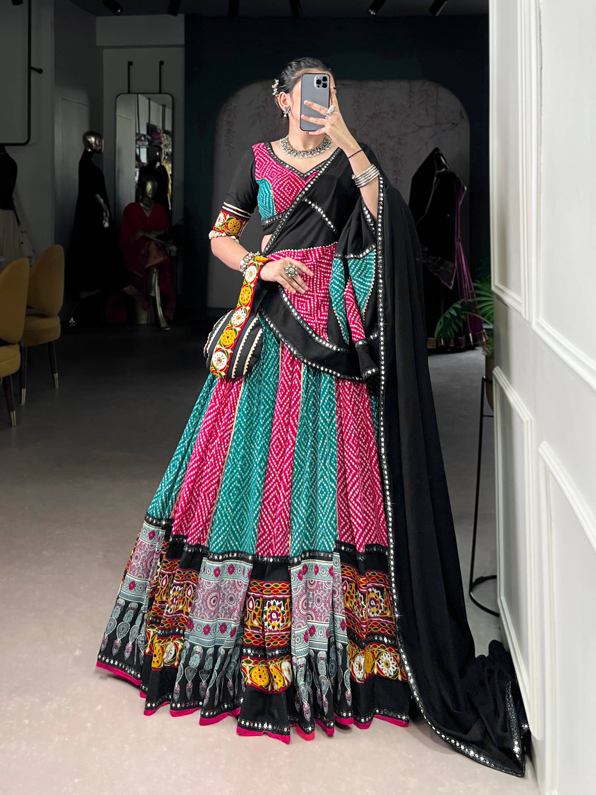 Lorenvalley Fashion Multicolor Pure Rayon Bandhej And Ajrakh With Paper Mirror And Gamthi Work Lace Lehenga Choli with Dupatta | Swadesiicart