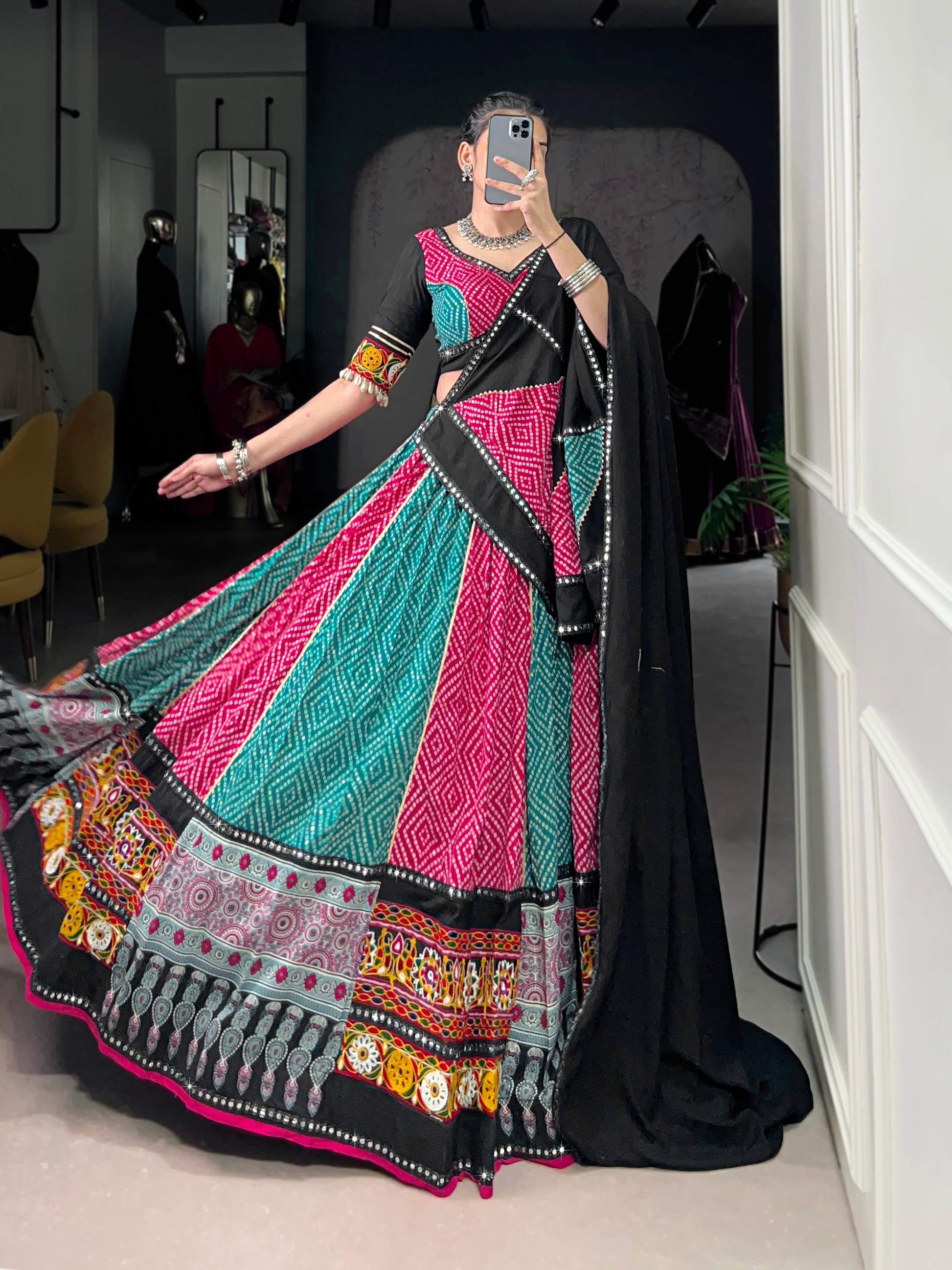 Lorenvalley Fashion Multicolor Pure Rayon Bandhej And Ajrakh With Paper Mirror And Gamthi Work Lace Lehenga Choli with Dupatta | Swadesiicart