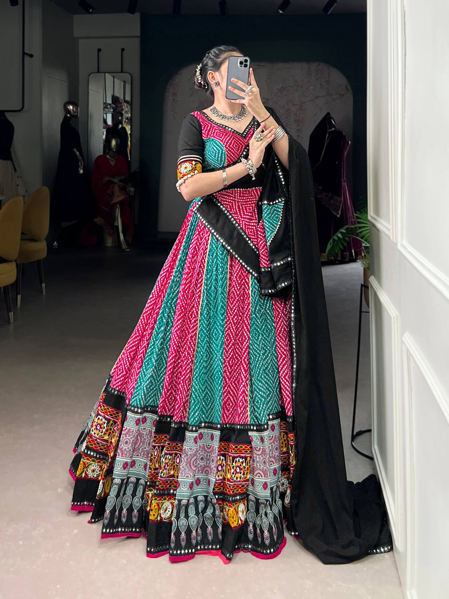Lorenvalley Fashion Multicolor Pure Rayon Bandhej And Ajrakh With Paper Mirror And Gamthi Work Lace Lehenga Choli with Dupatta | Swadesiicart