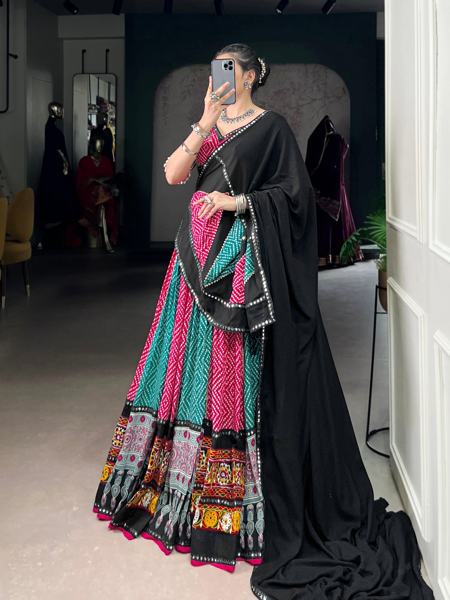 Lorenvalley Fashion Multicolor Pure Rayon Bandhej And Ajrakh With Paper Mirror And Gamthi Work Lace Lehenga Choli with Dupatta | Swadesiicart