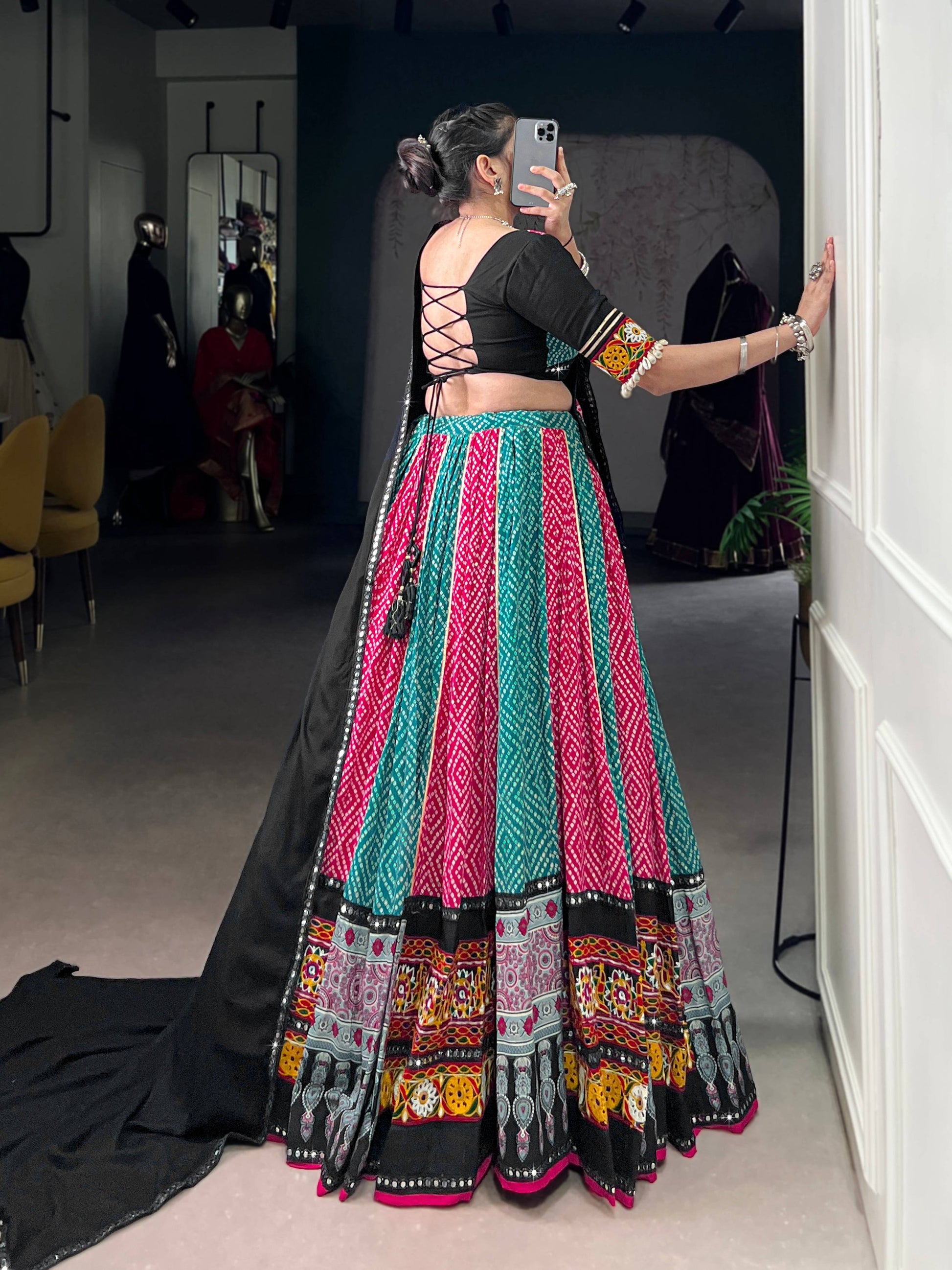 Lorenvalley Fashion Multicolor Pure Rayon Bandhej And Ajrakh With Paper Mirror And Gamthi Work Lace Lehenga Choli with Dupatta | Swadesiicart