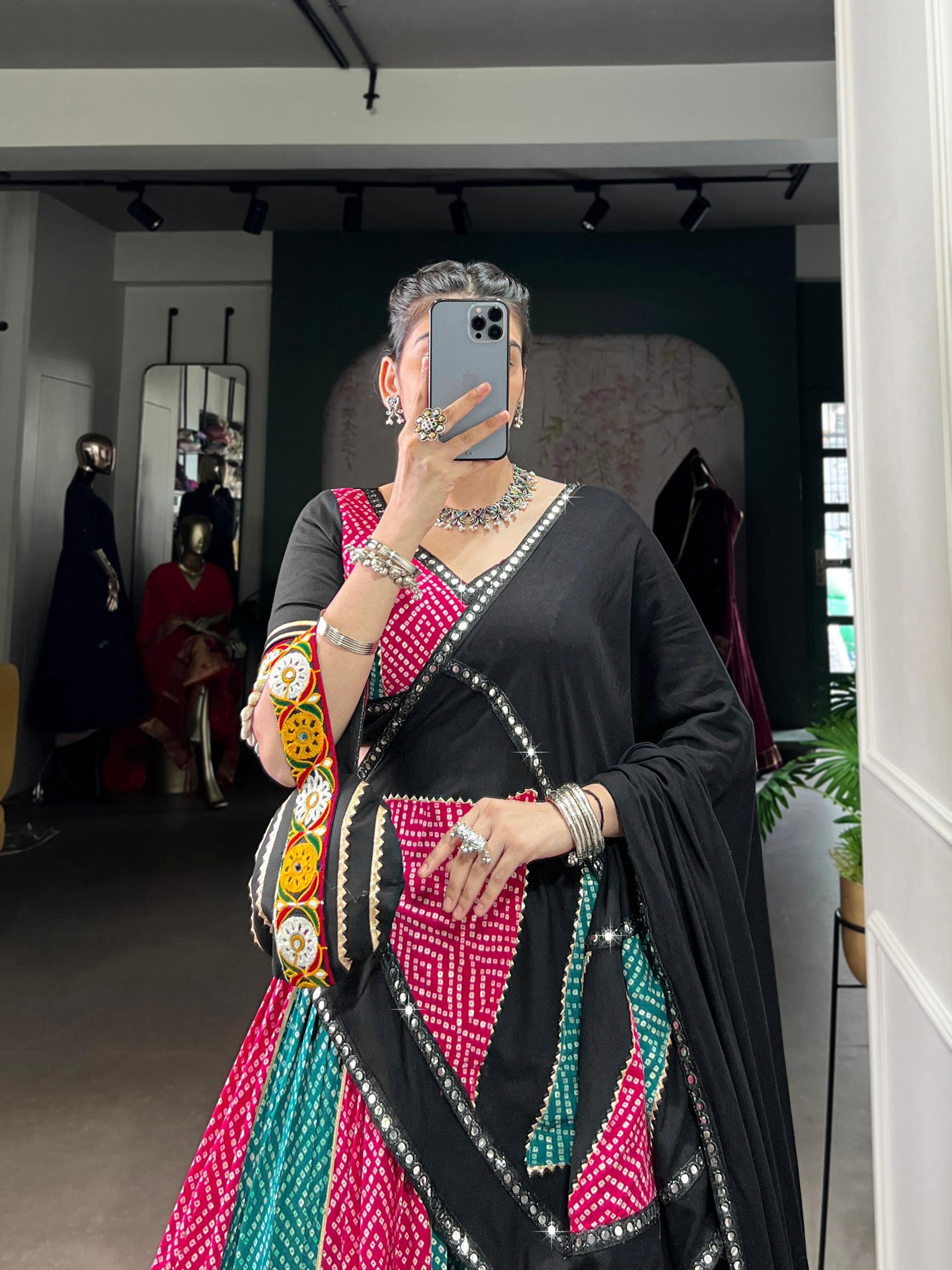 Lorenvalley Fashion Multicolor Pure Rayon Bandhej And Ajrakh With Paper Mirror And Gamthi Work Lace Lehenga Choli with Dupatta | Swadesiicart