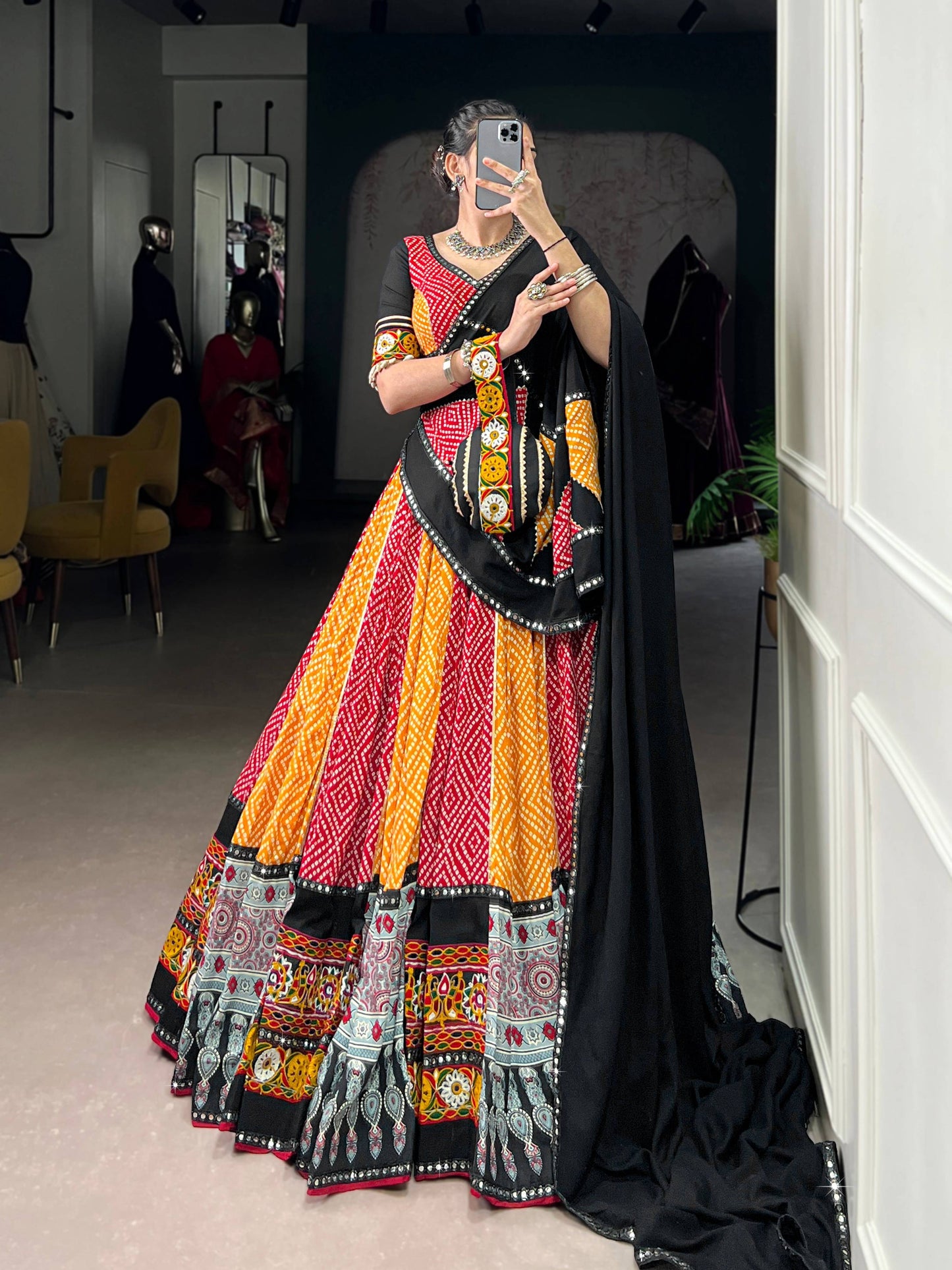 Lorenvalley Fashion Multicolor Pure Rayon Bandhej And Ajrakh With Paper Mirror And Gamthi Work Lace Lehenga Choli with Dupatta | Swadesiicart