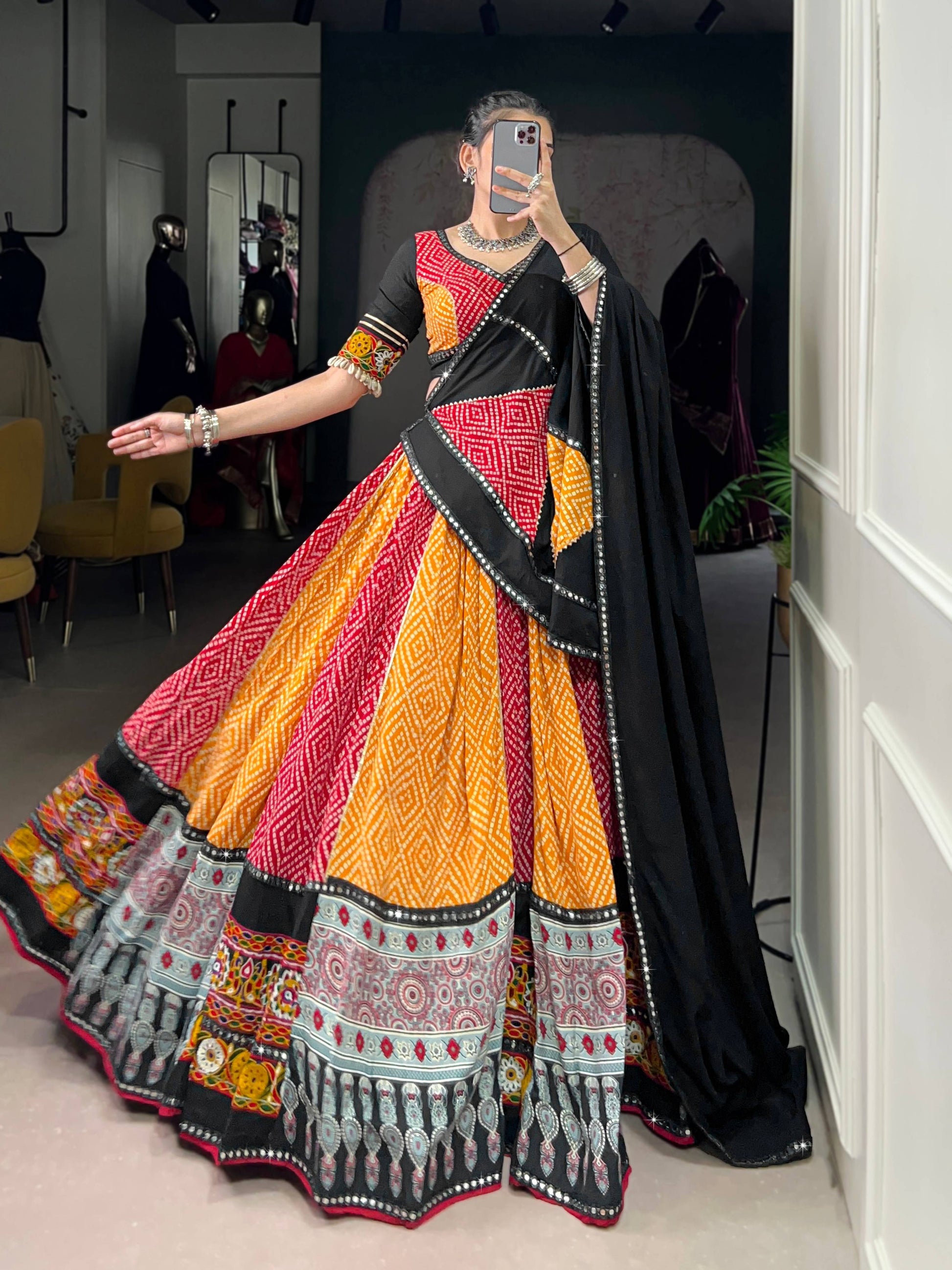 Lorenvalley Fashion Multicolor Pure Rayon Bandhej And Ajrakh With Paper Mirror And Gamthi Work Lace Lehenga Choli with Dupatta | Swadesiicart