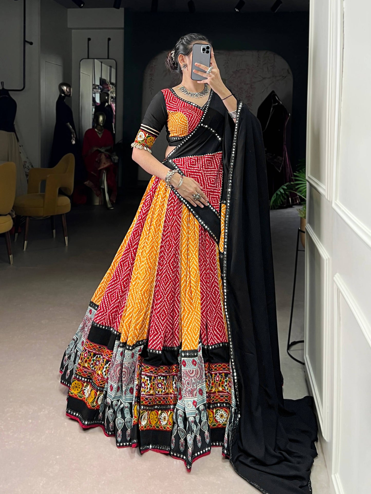 Lorenvalley Fashion Multicolor Pure Rayon Bandhej And Ajrakh With Paper Mirror And Gamthi Work Lace Lehenga Choli with Dupatta | Swadesiicart