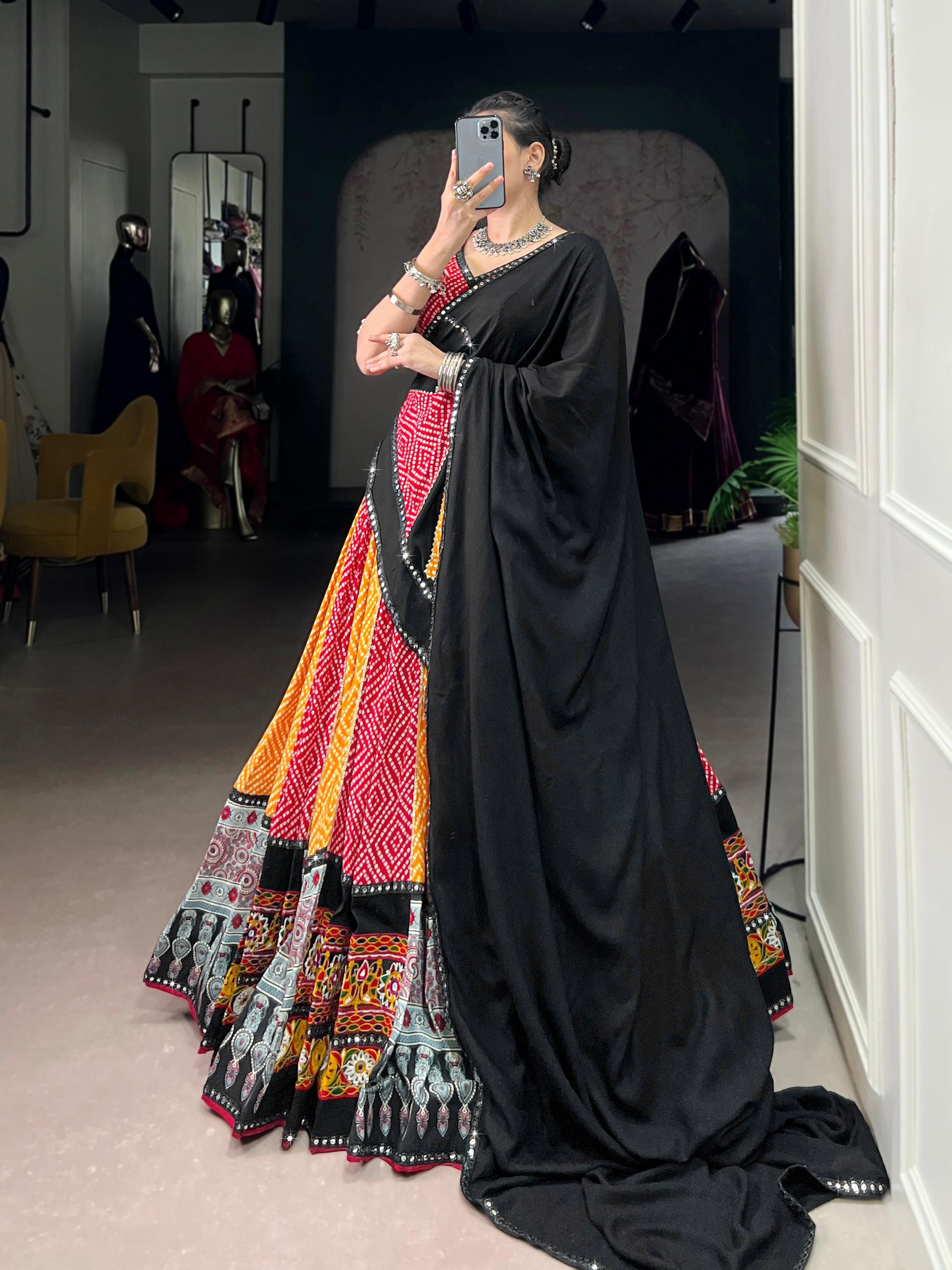 Lorenvalley Fashion Multicolor Pure Rayon Bandhej And Ajrakh With Paper Mirror And Gamthi Work Lace Lehenga Choli with Dupatta | Swadesiicart