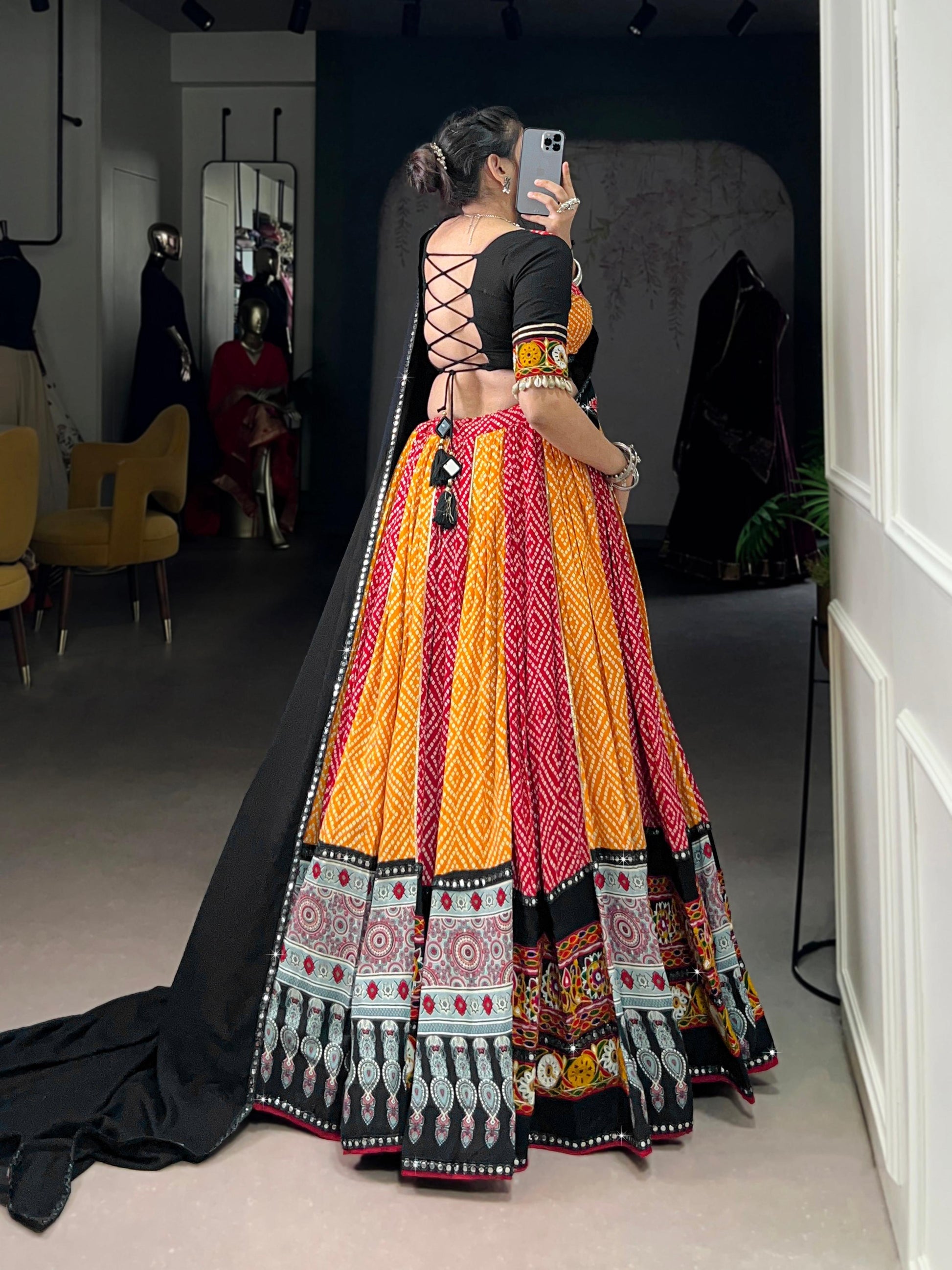 Lorenvalley Fashion Multicolor Pure Rayon Bandhej And Ajrakh With Paper Mirror And Gamthi Work Lace Lehenga Choli with Dupatta | Swadesiicart