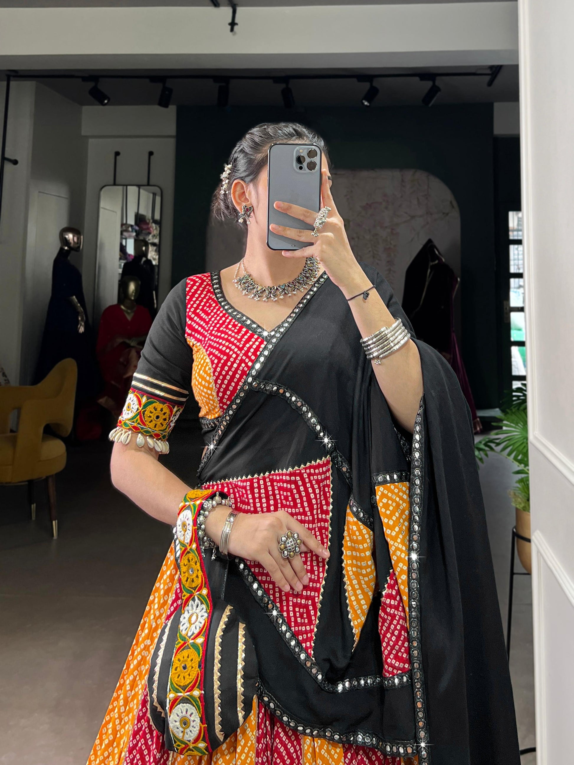 Lorenvalley Fashion Multicolor Pure Rayon Bandhej And Ajrakh With Paper Mirror And Gamthi Work Lace Lehenga Choli with Dupatta | Swadesiicart