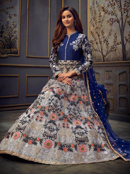 Myra Blue Butterfly Net Embroidered Anarkali Suit | Swadesiicart