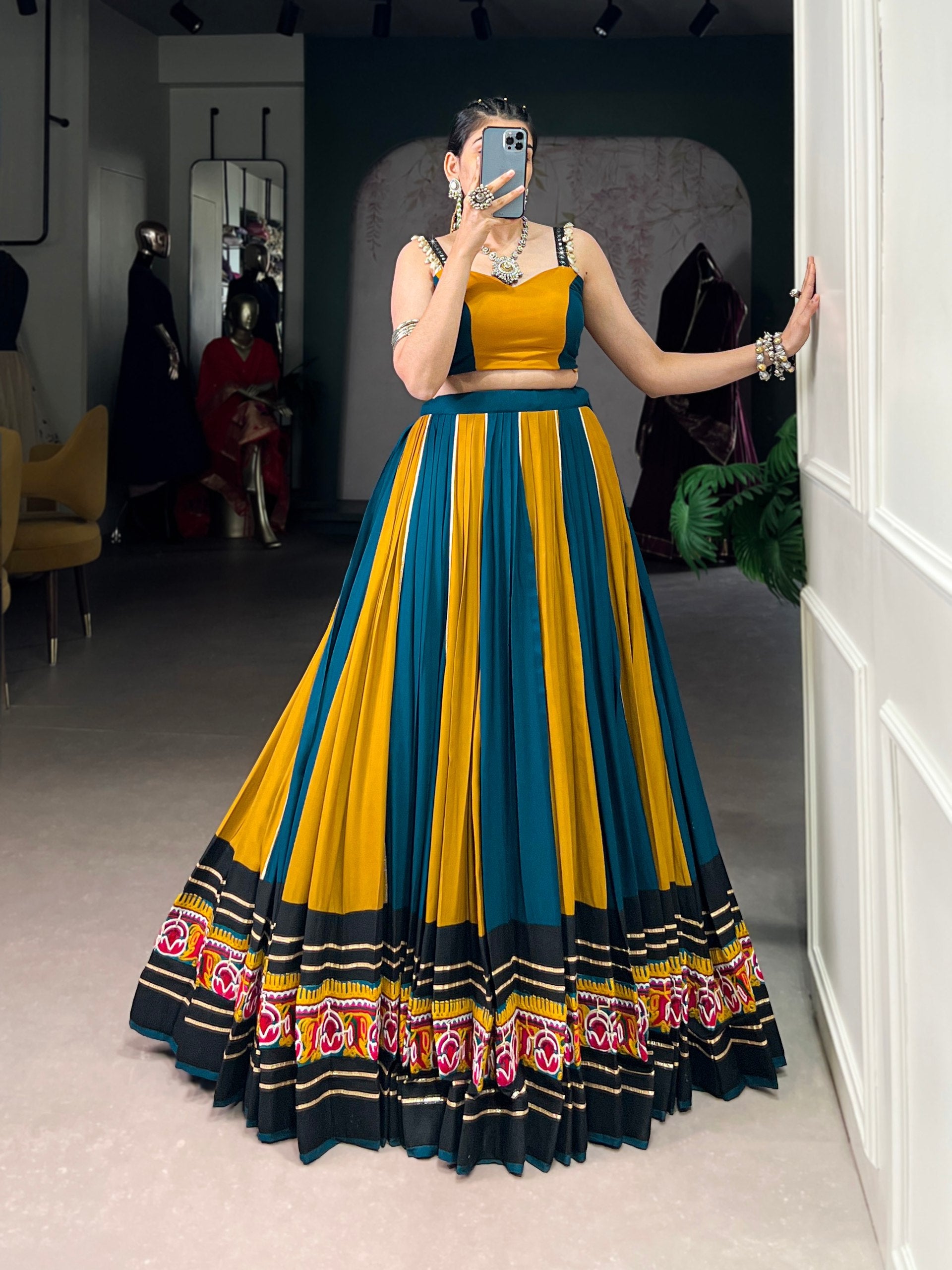 Lorenvalley Fashion Multicolor Pure Rayon Gamthi Work With Gota Patti Lace Touch Up Lehenga Choli | Swadesiicart