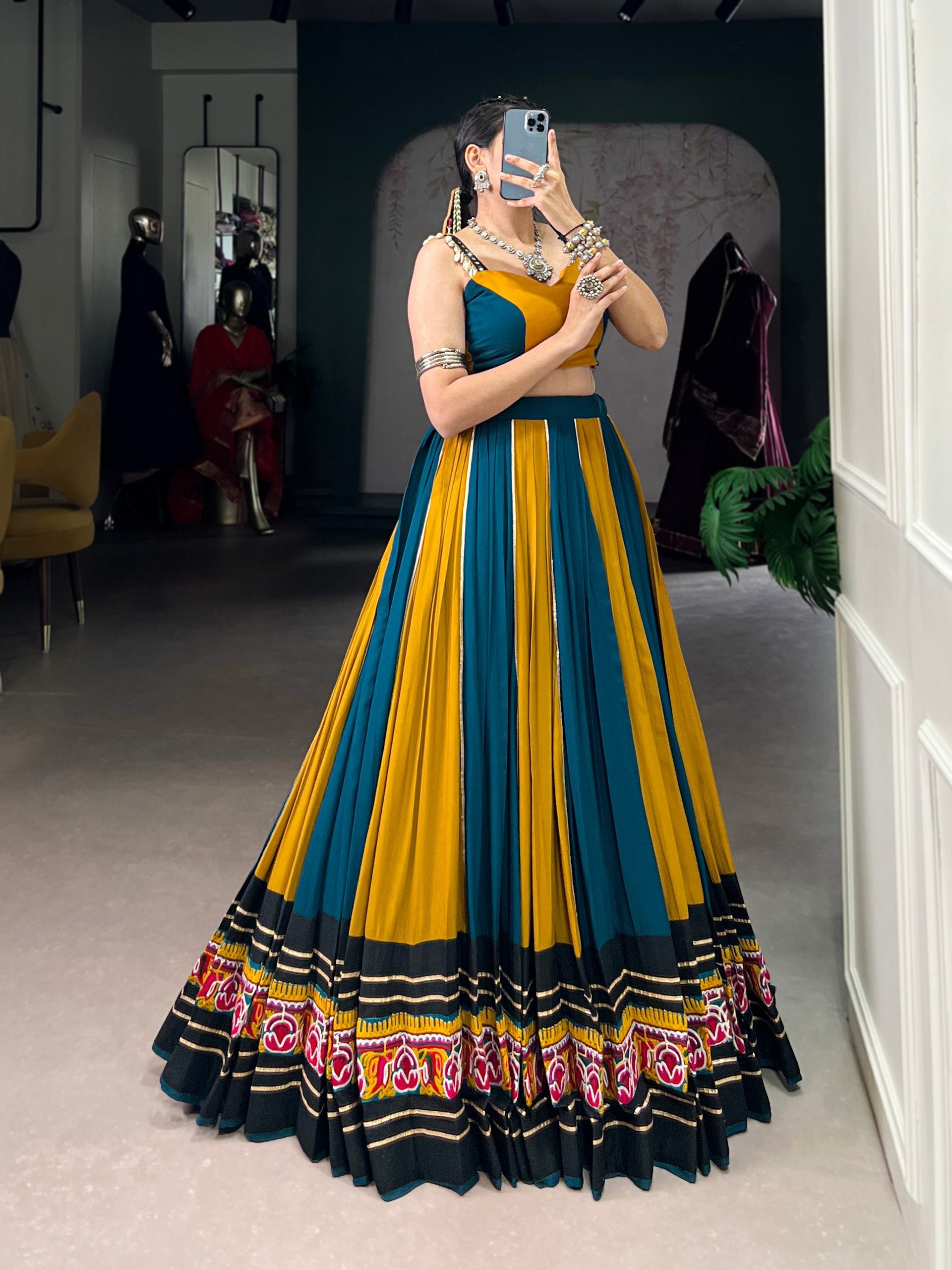 Lorenvalley Fashion Multicolor Pure Rayon Gamthi Work With Gota Patti Lace Touch Up Lehenga Choli | Swadesiicart