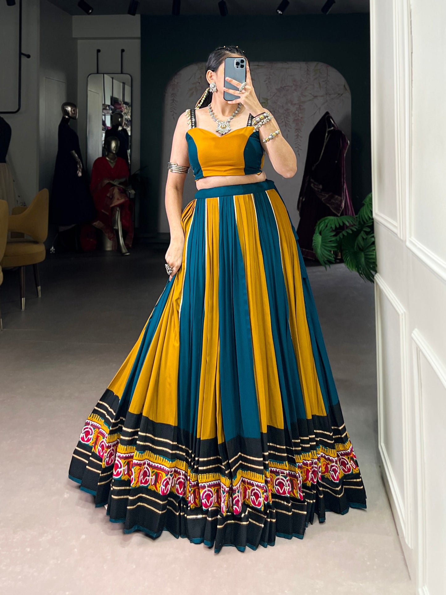 Lorenvalley Fashion Multicolor Pure Rayon Gamthi Work With Gota Patti Lace Touch Up Lehenga Choli | Swadesiicart