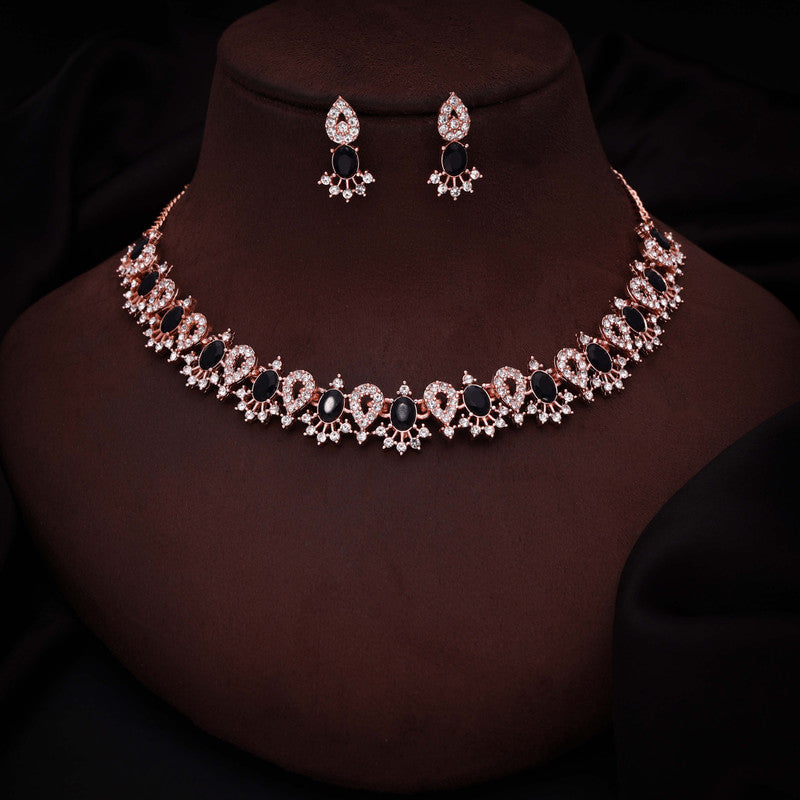 Tehzeeb Creations Black Colour Ad Studded Necklace Jewellery Set With Matching Earrings For Women And Girls - Swadesiicart
