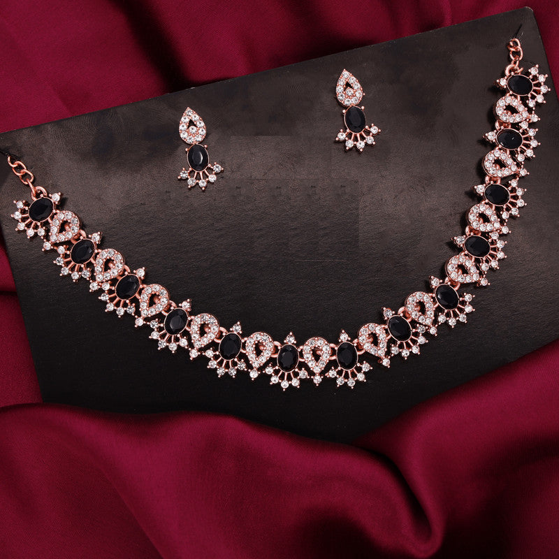 Tehzeeb Creations Black Colour Ad Studded Necklace Jewellery Set With Matching Earrings For Women And Girls - Swadesiicart