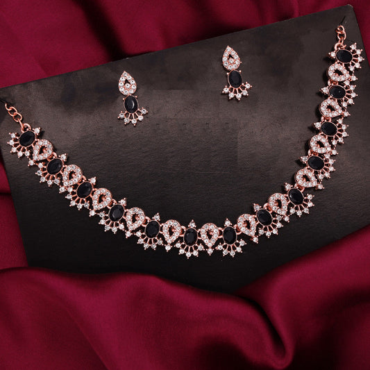 Tehzeeb Creations Black Colour Ad Studded Necklace Jewellery Set With Matching Earrings For Women And Girls - Swadesiicart