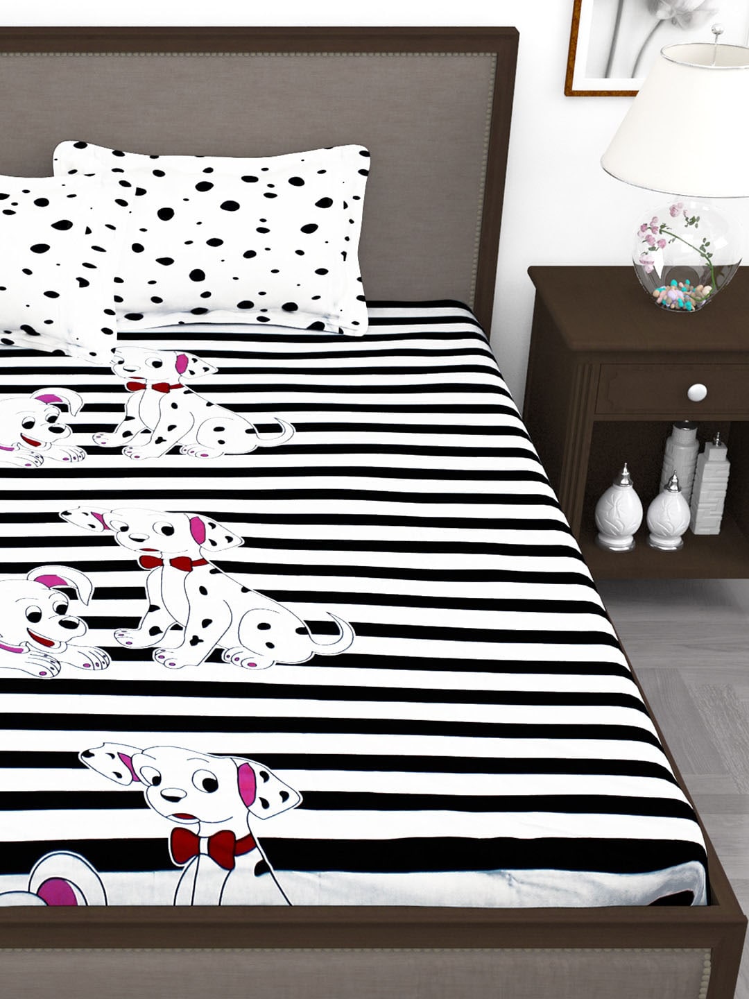 Story@home White & Black Cartoon Characters King Bedsheet with 2 Pillow Covers - Swadesiicart