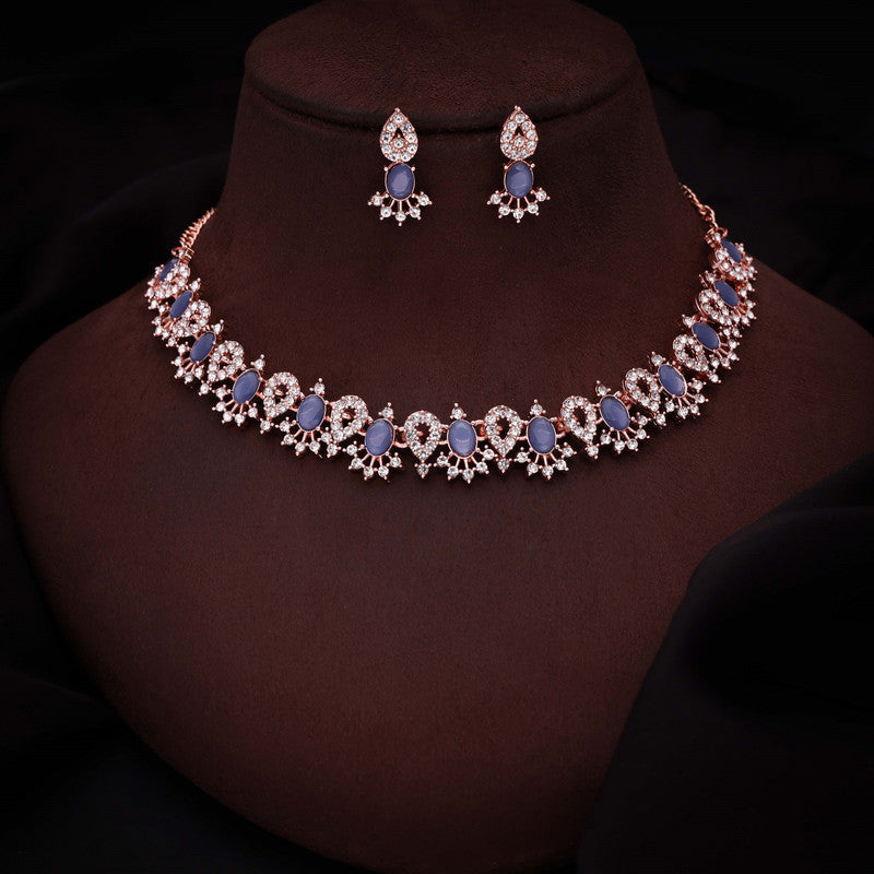 Tehzeeb Creations Blue Colour Ad Studded Necklace Jewellery Set With Matching Earrings For Women And Girls - Swadesiicart