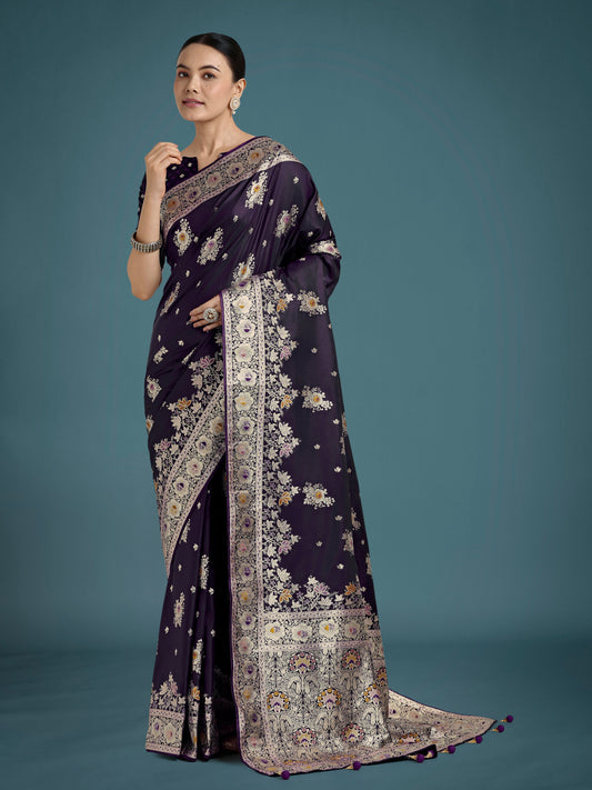 Monjolika Fashion Dark Purple Glamour and Tradition With This Zari Woven Banarasi Satin Silk Saree | Swadesiicart