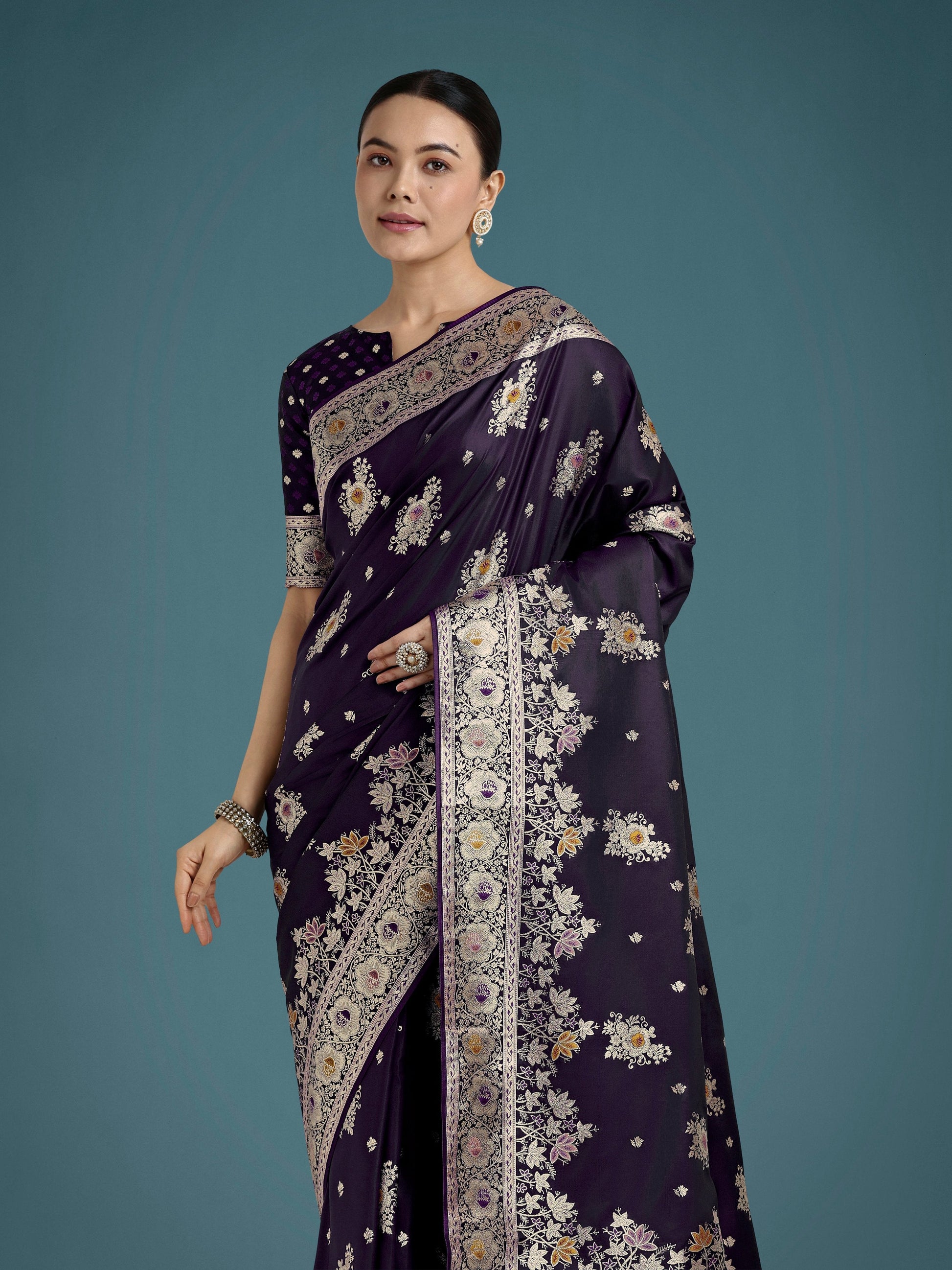 Monjolika Fashion Dark Purple Glamour and Tradition With This Zari Woven Banarasi Satin Silk Saree | Swadesiicart