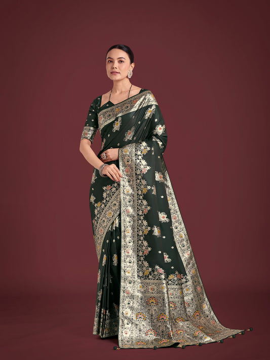 Monjolika Fashion Dark Green Glamour and Tradition With This Zari Woven Banarasi Satin Silk Saree | Swadesiicart