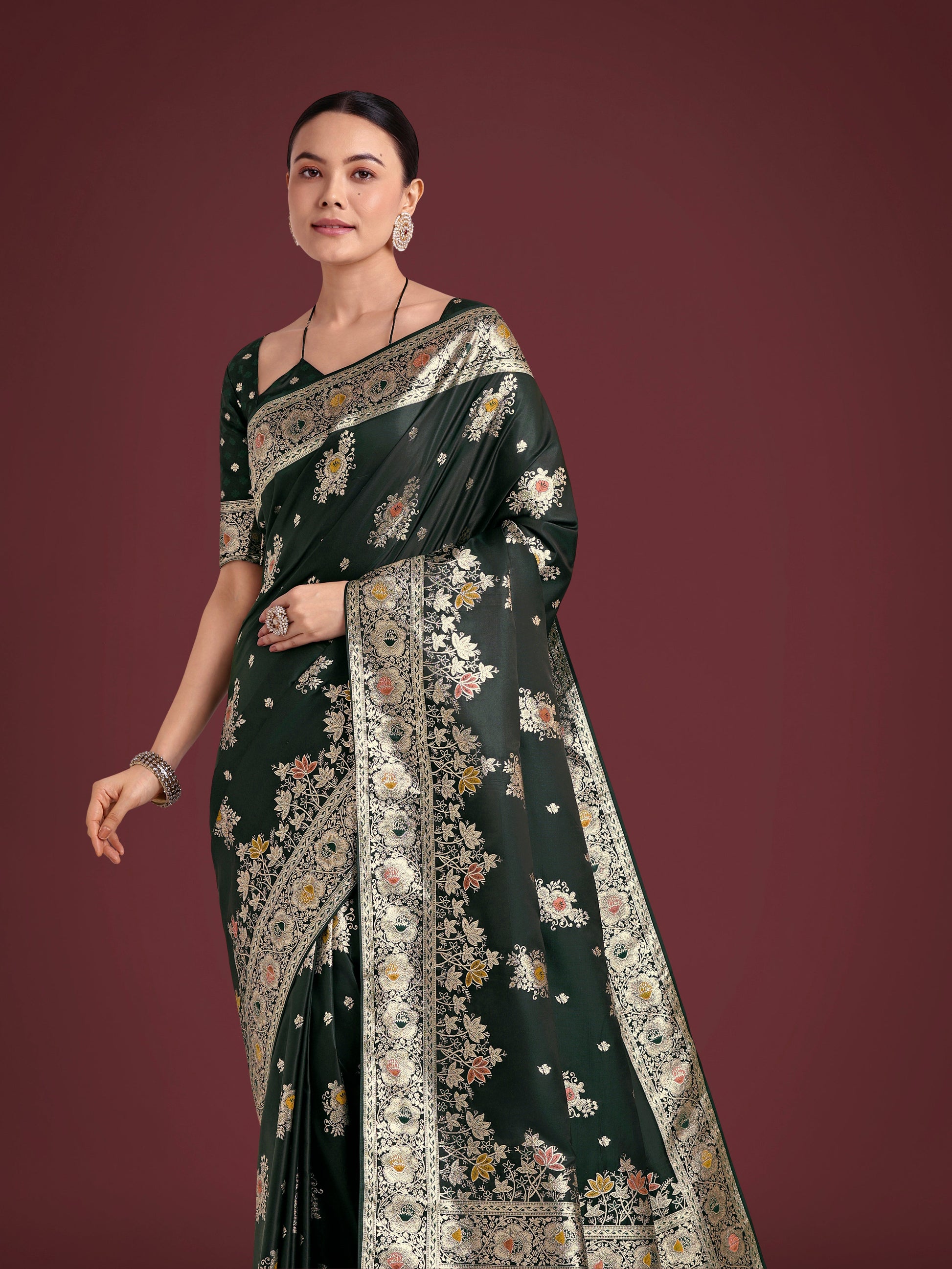 Monjolika Fashion Dark Green Glamour and Tradition With This Zari Woven Banarasi Satin Silk Saree | Swadesiicart