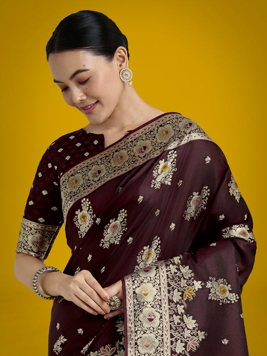 Monjolika Fashion Dark Maroon Glamour and Tradition With This Zari Woven Banarasi Satin Silk Saree | Swadesiicart