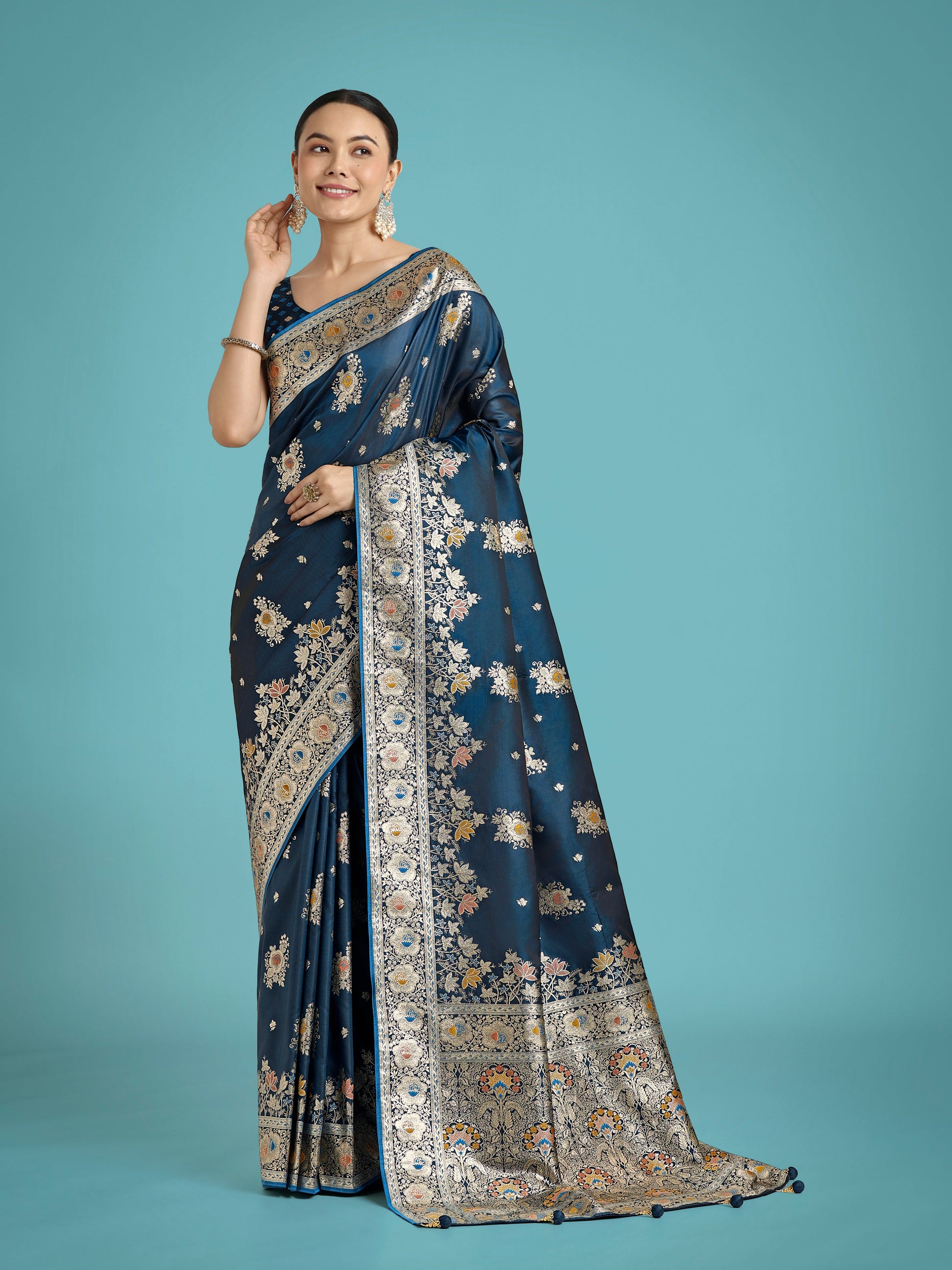 Monjolika Fashion Dark Teal Glamour and Tradition With This Zari Woven Banarasi Satin Silk Saree | Swadesiicart