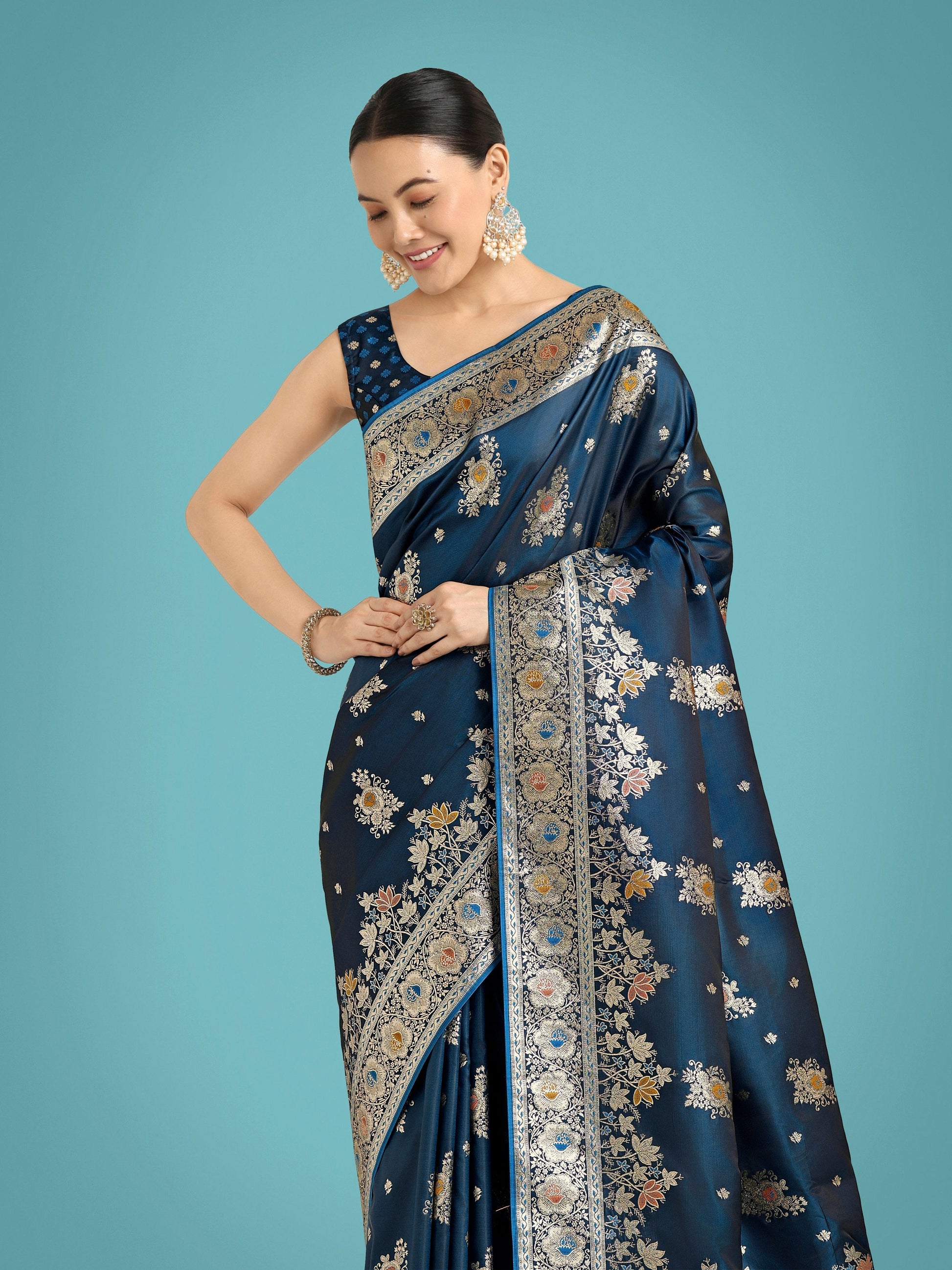 Monjolika Fashion Dark Teal Glamour and Tradition With This Zari Woven Banarasi Satin Silk Saree | Swadesiicart