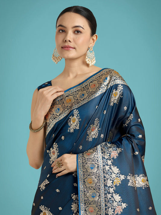 Monjolika Fashion Dark Teal Glamour and Tradition With This Zari Woven Banarasi Satin Silk Saree | Swadesiicart