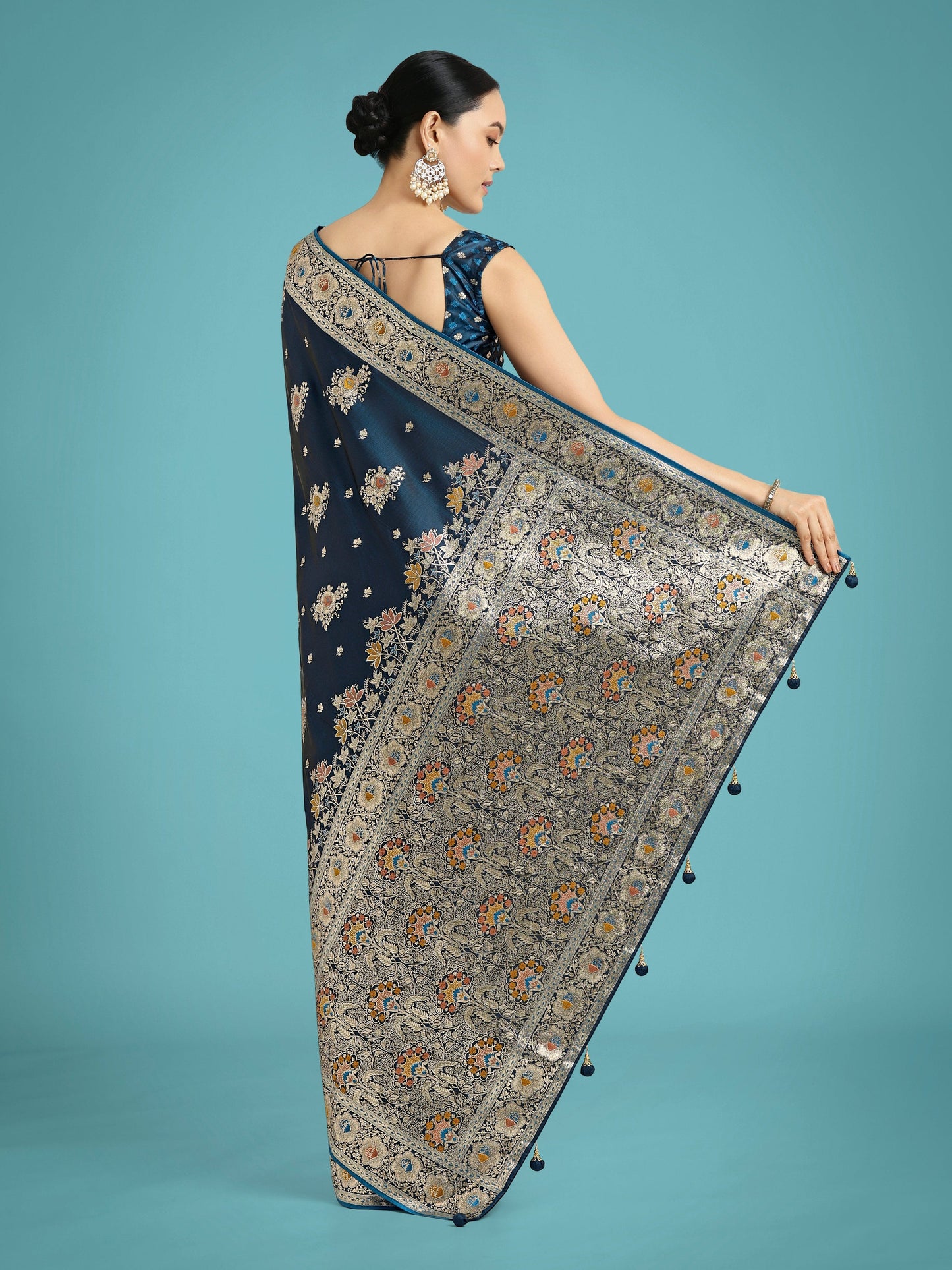 Monjolika Fashion Dark Teal Glamour and Tradition With This Zari Woven Banarasi Satin Silk Saree | Swadesiicart