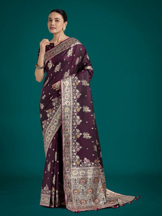 Monjolika Fashion Dark Wine Glamour and Tradition With This Zari Woven Banarasi Satin Silk Saree | Swadesiicart