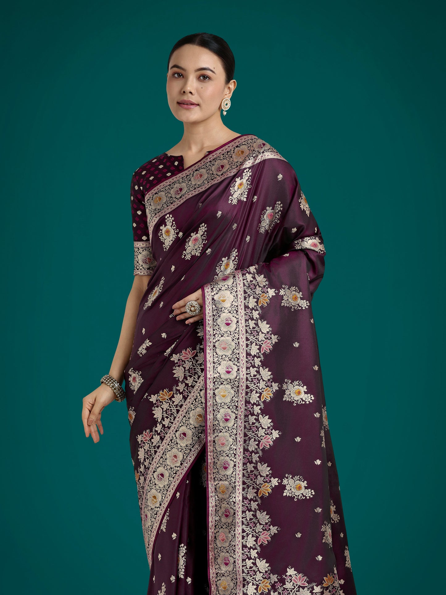 Monjolika Fashion Dark Wine Glamour and Tradition With This Zari Woven Banarasi Satin Silk Saree | Swadesiicart